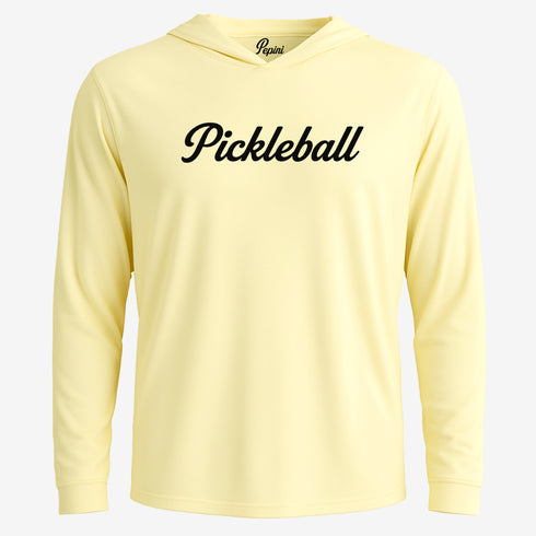 Yellow long-sleeve shirt with 'Pickleball' text on a white background